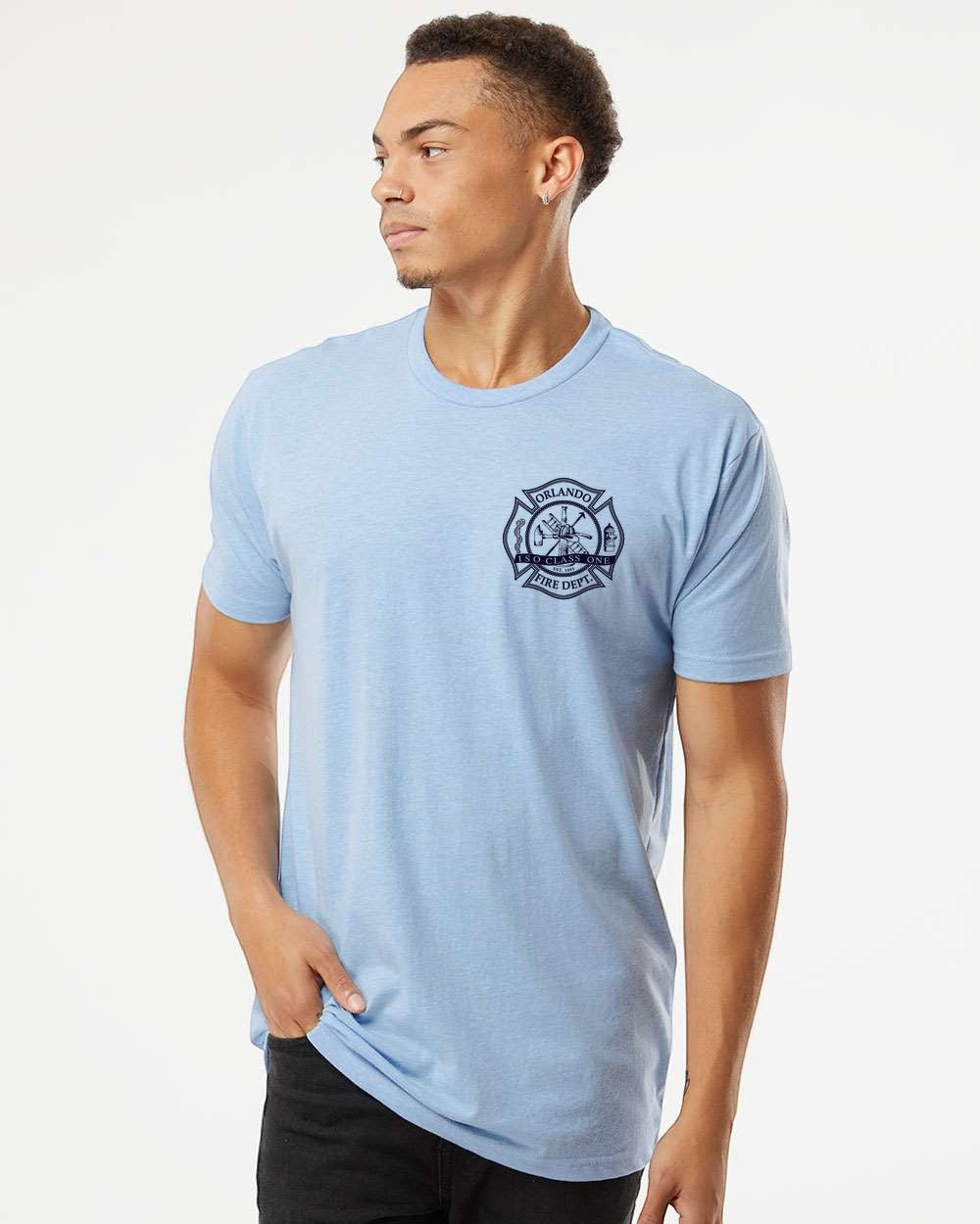 Not The Uniform Store light blue CVC blend t-shirt with Orlando Fire Dept. emblem on chest.